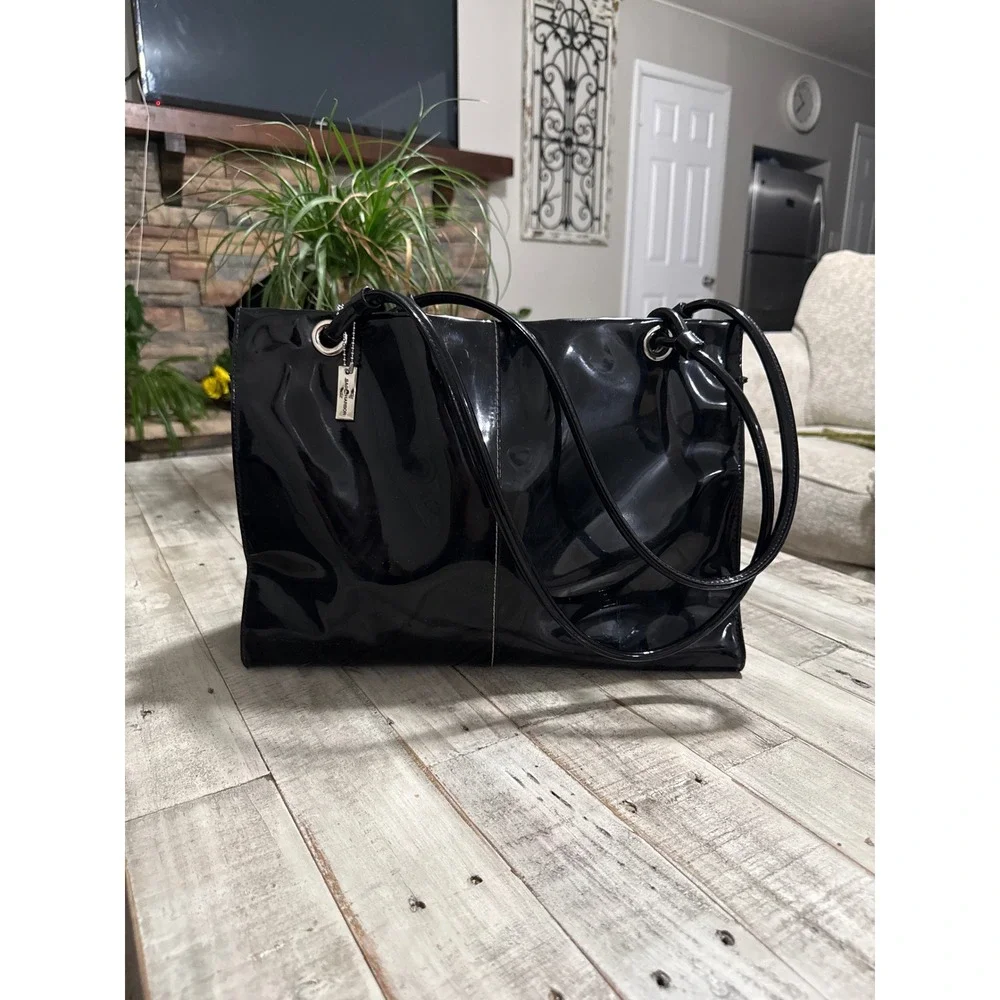 Sag Harbor Black Patent Faux Leather Tote Bag Shoulder Purse Silver Hardware